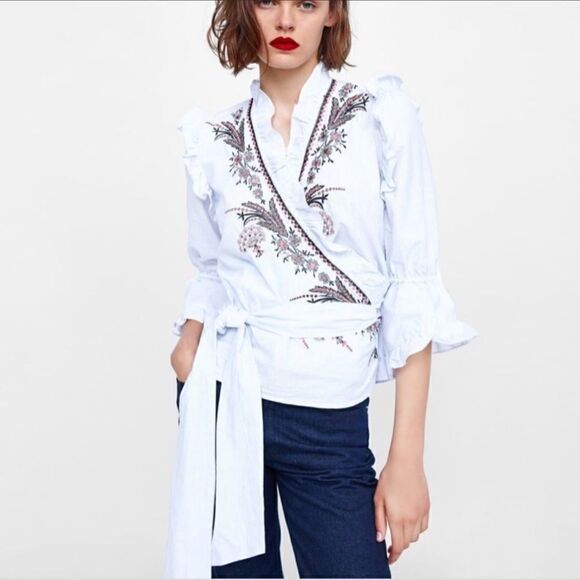 Zara Woman Blue White Striped Embroidered Wrap Top Sz-Medium - Picture 1 of 14